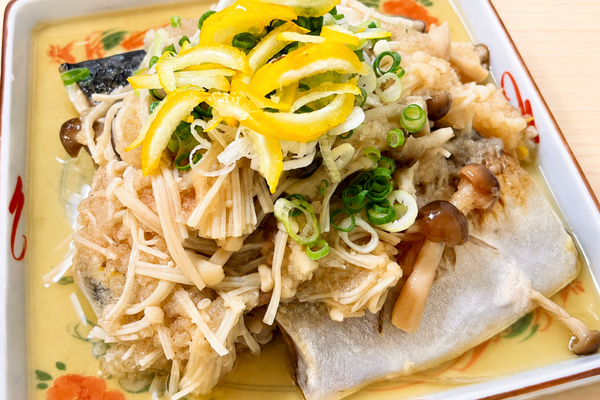 Pan Seared Mackerel with Yuzu Ponzu Mushroom and Grated Daikon Relish