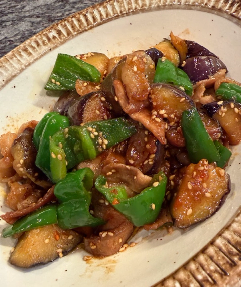 Sweet Miso Stir Fried Pork Belly with Eggplant and Green Peppers