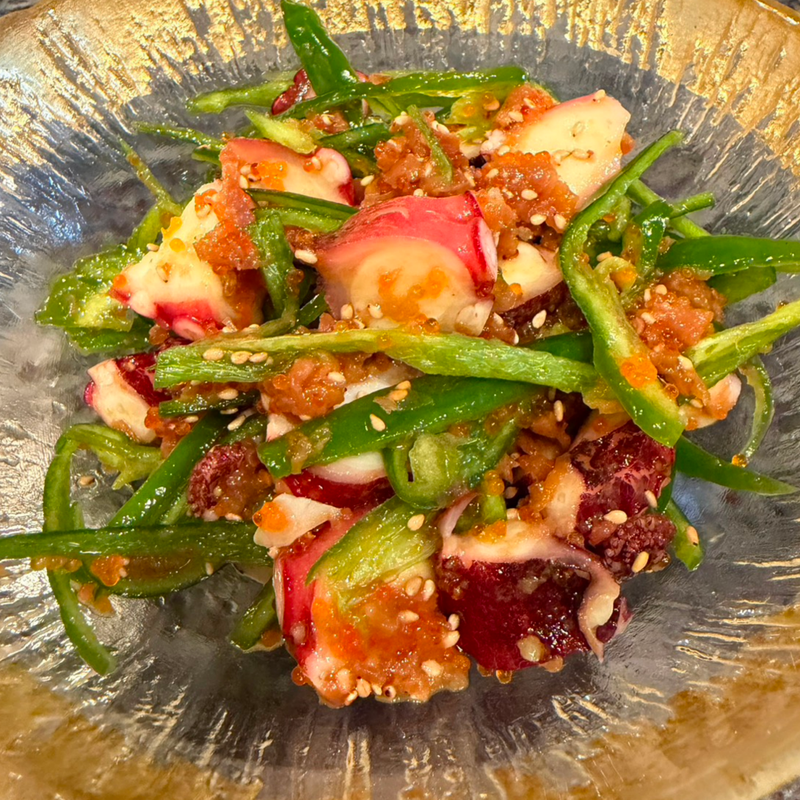 Octopus and green pepper with plum dressing
