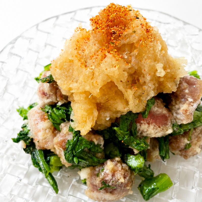 Crispy Chicken Gizzards and Chrysanthemum Greens with Grated Daikon Ponzu