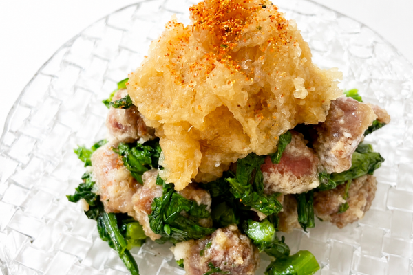 Crispy Chicken Gizzards and Chrysanthemum Greens with Grated Daikon Ponzu