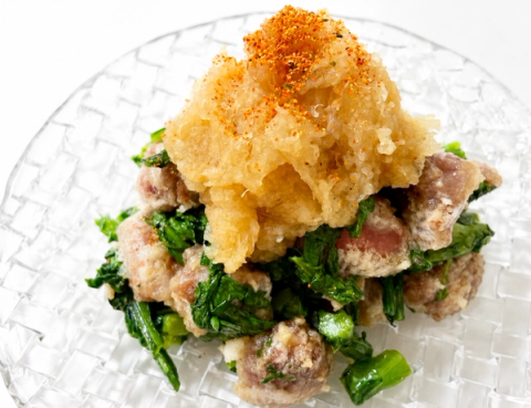 Crispy Chicken Gizzards and Chrysanthemum Greens with Grated Daikon Ponzu