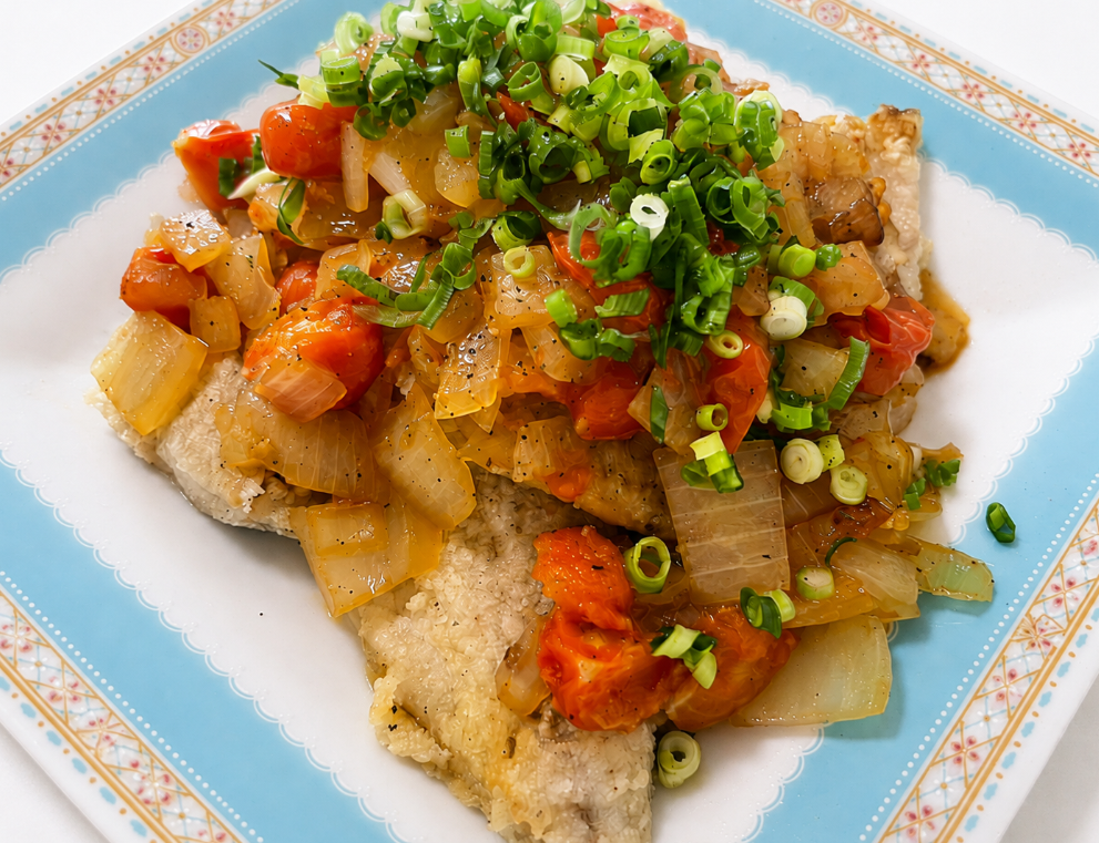 Pan Fried Horse Mackerel with Tomato Ginger Sauce