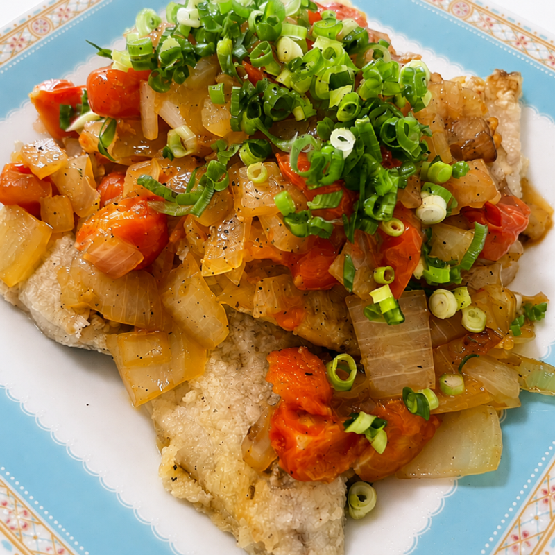 Pan Fried Horse Mackerel with Tomato Ginger Sauce