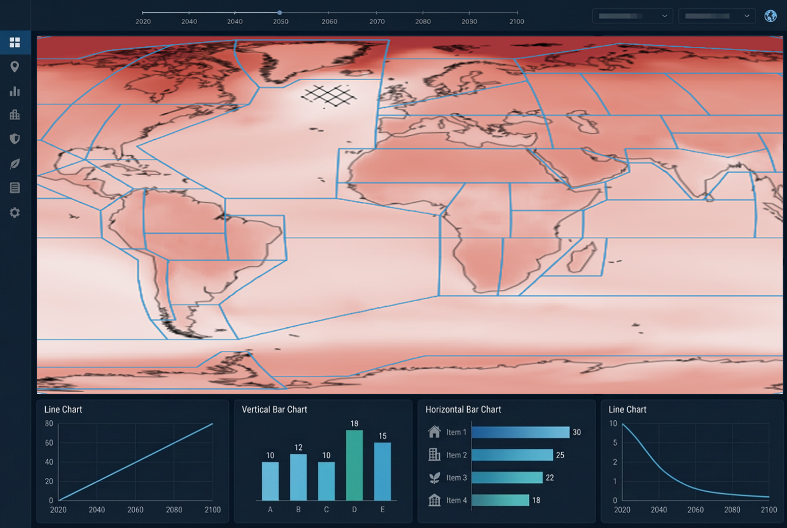 World climate dashboard showing 58 bioclimatic regions with a scattered global portfolio of insured locations