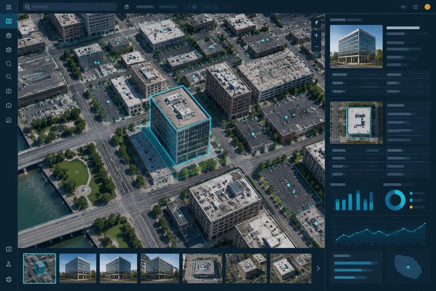 Selected commercial building enriched with property data on a city map