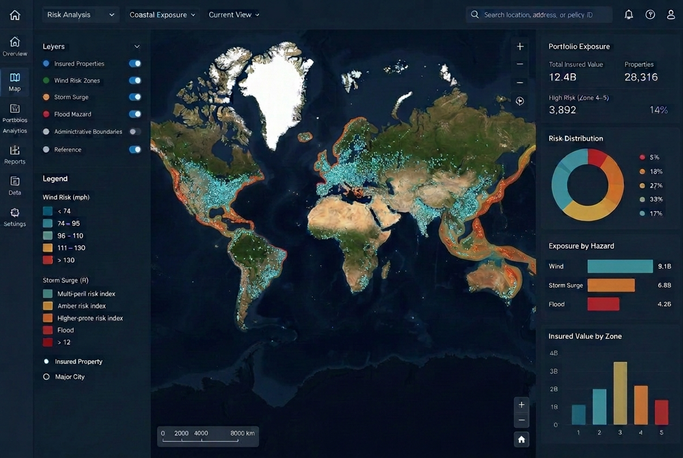 Worldwide insured portfolio map with risk zones accurately restricted to land