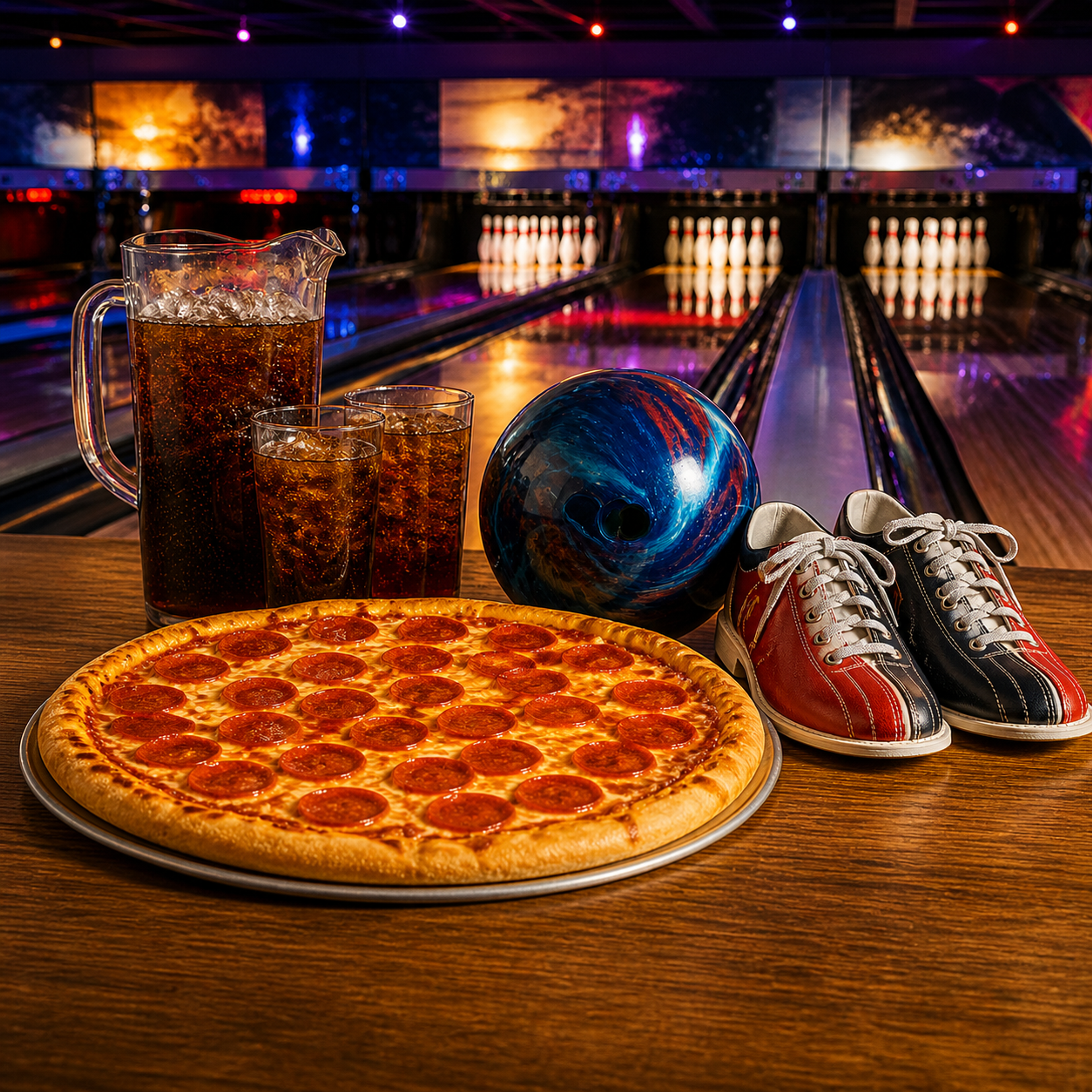 Pins & Pizza bowling package with pizza, soda, a bowling ball, and rental shoes