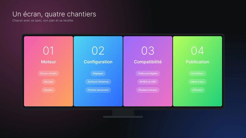 Un écran découpé en quatre zones, une par chantier : moteur, configuration, compatibilité, publication.