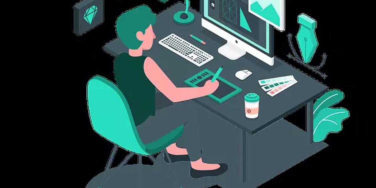 Web developer using design tools at a workstation.