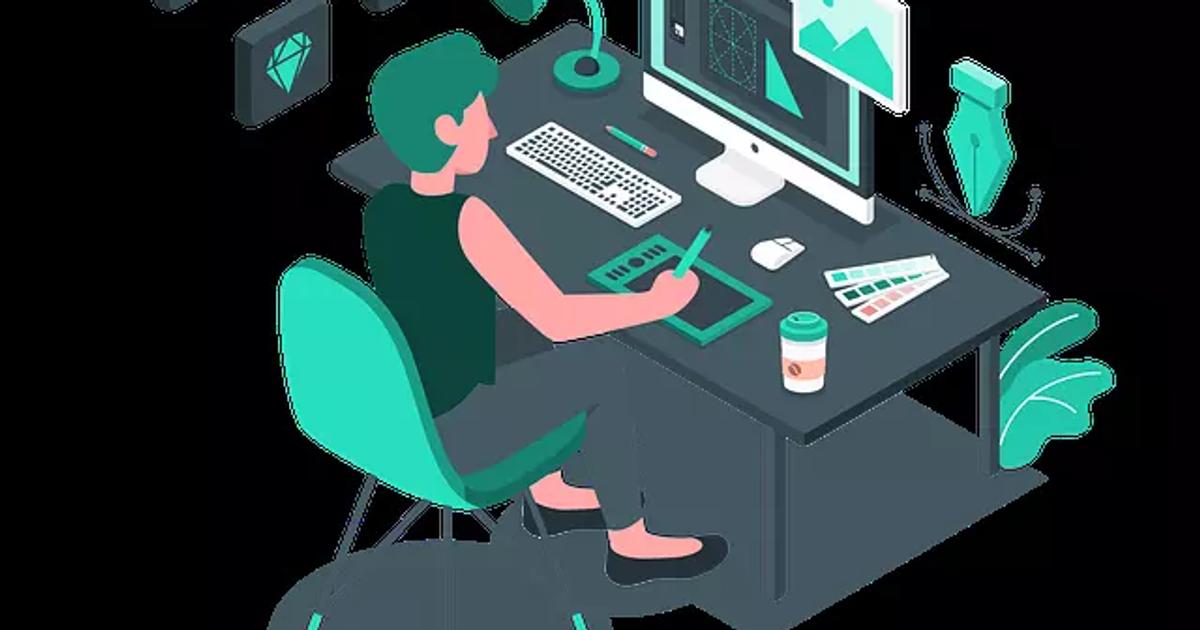 Web developer using design tools at a workstation.