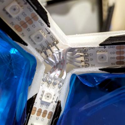 Close-up of a 3-order vertex showing one kind of wiring junction where three LED strands meet