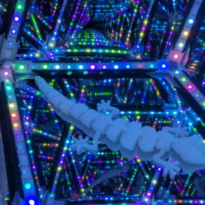 3D-printed gecko toy inside the Rhombotron with dense reflections of glowing, multi-colored LEDs