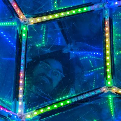 First look into the in-progress Rhombotron with most of the LED segments installed and the protective film still in place on the acrylic panels