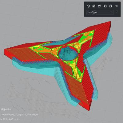 Screenshot of Cura 3D model slicing software showing cutaway view of the tool path for making a 3-order vertex