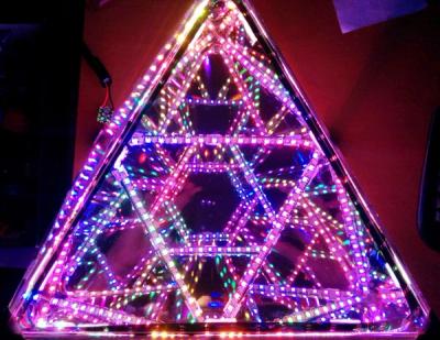 Looking top-down through one of the triangular faces of an octahedral infinity mirror