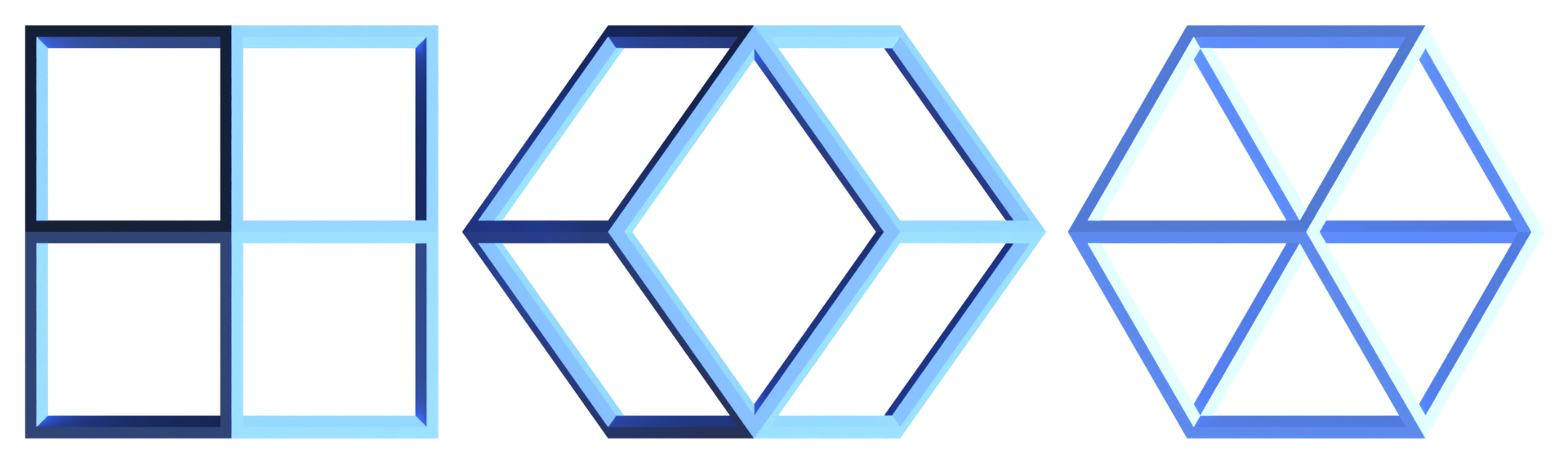 3D-rendered image of the three perspectives of a rhombic dodecahedron