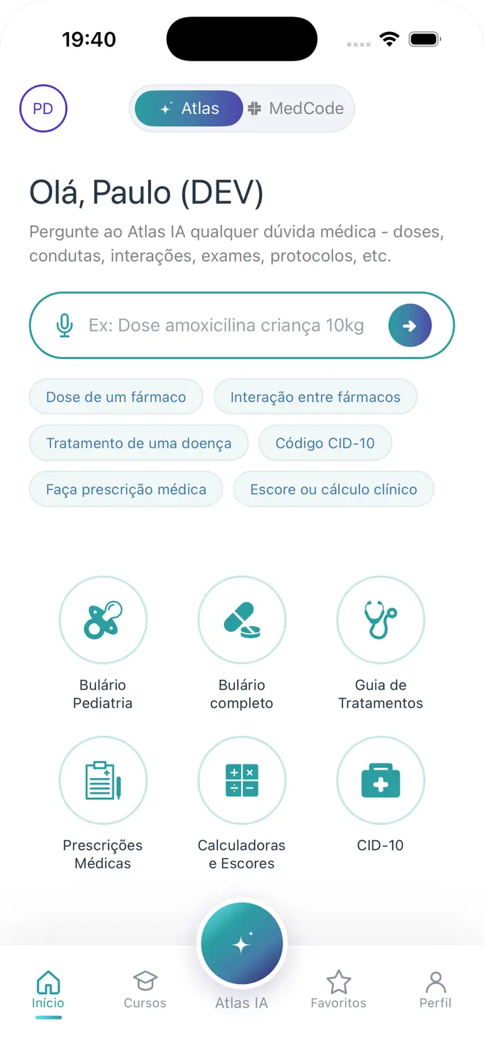 Home do MedCode com atalhos de dose de fármaco e interação entre fármacos