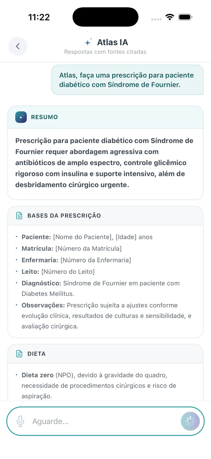 Atlas 2.0 gerando prescrição estruturada para paciente diabético com Síndrome de Fournier