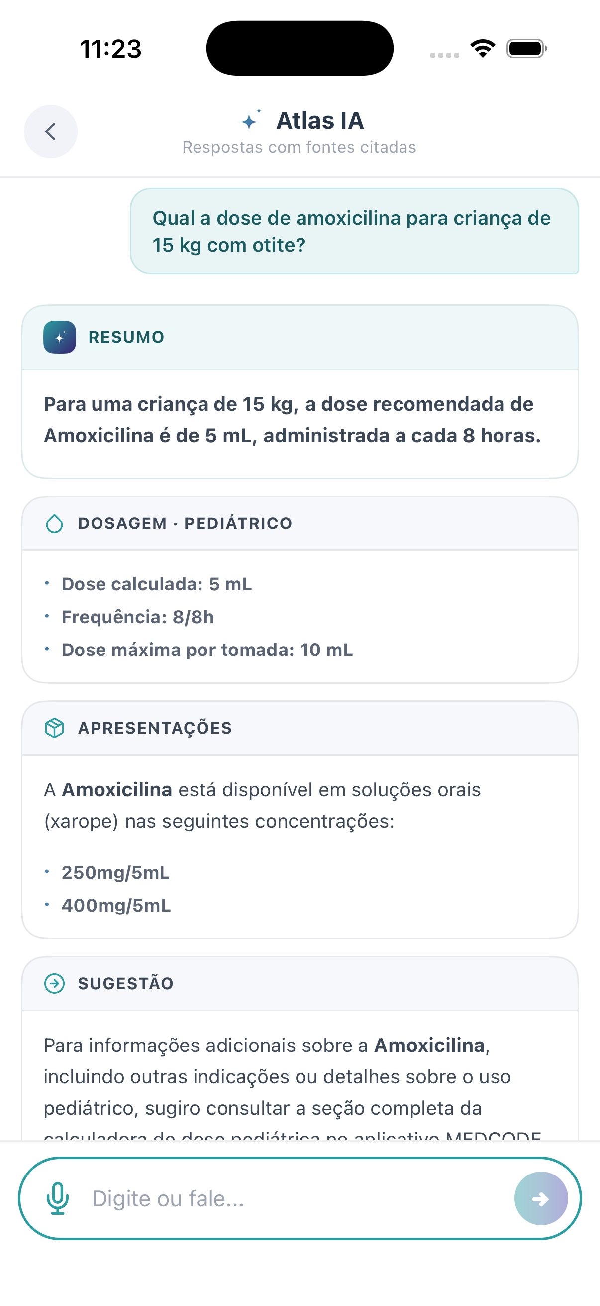 Resposta estruturada do Atlas com resumo, dosagem pediátrica e apresentações