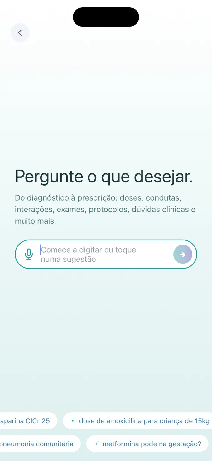 Tela inicial do Atlas 2.0 com sugestões de perguntas clínicas