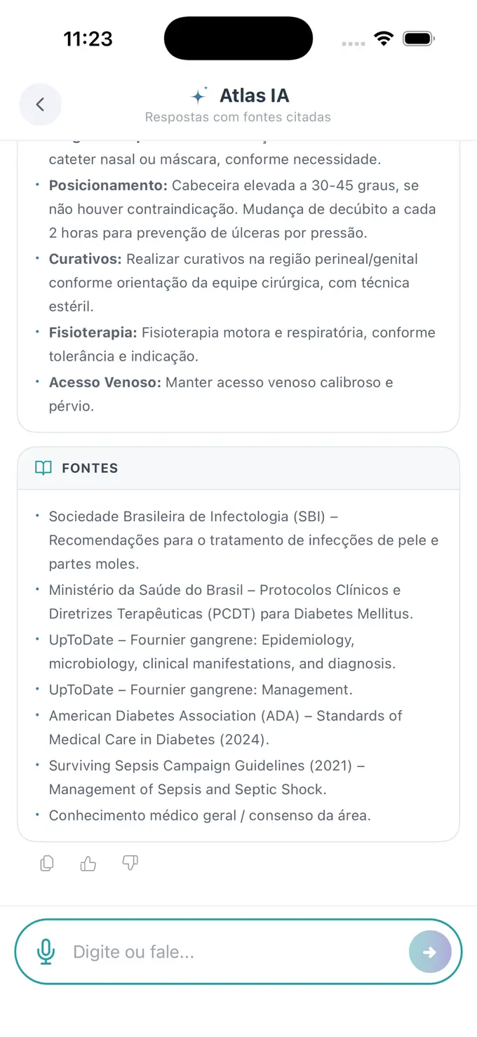 Atlas 2.0 exibindo fontes citadas: SBI, Ministério da Saúde, UpToDate, ADA e Surviving Sepsis
