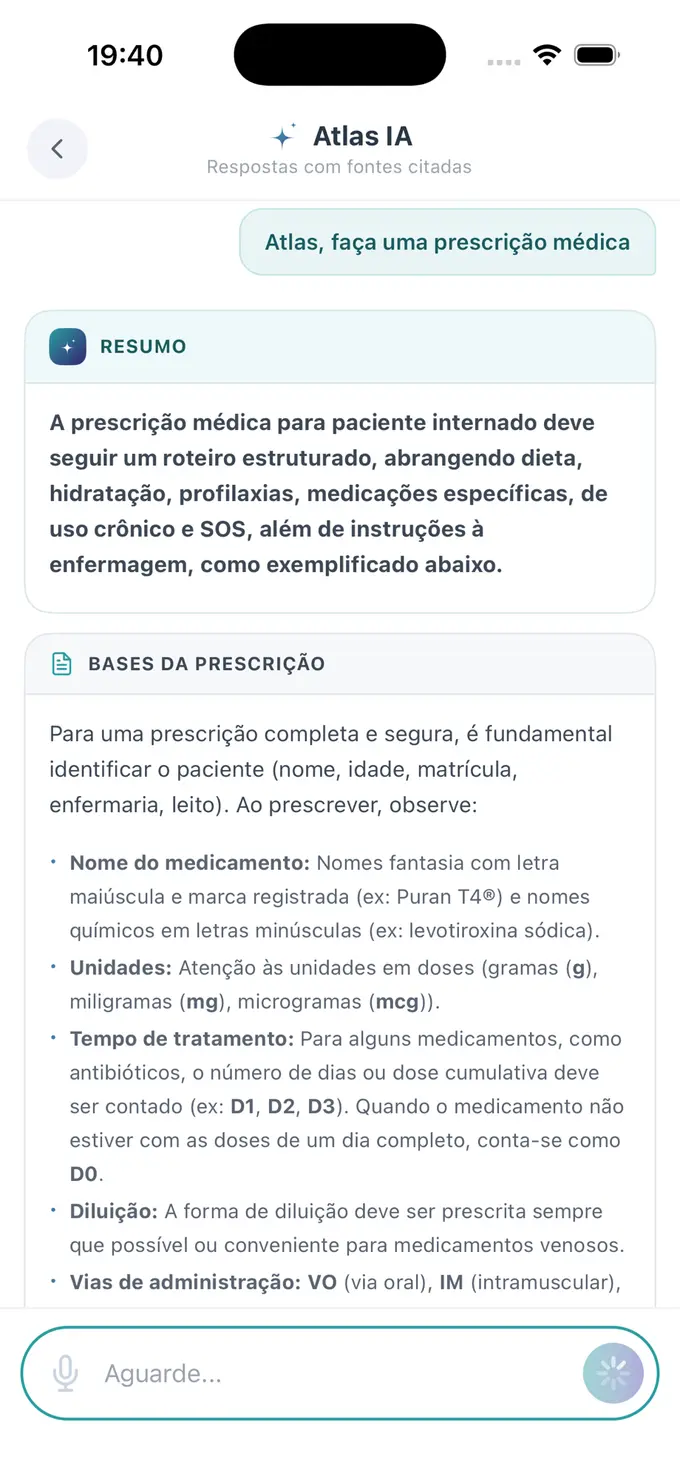 Atlas 2.0 montando prescrição médica estruturada com resumo e bases da prescrição