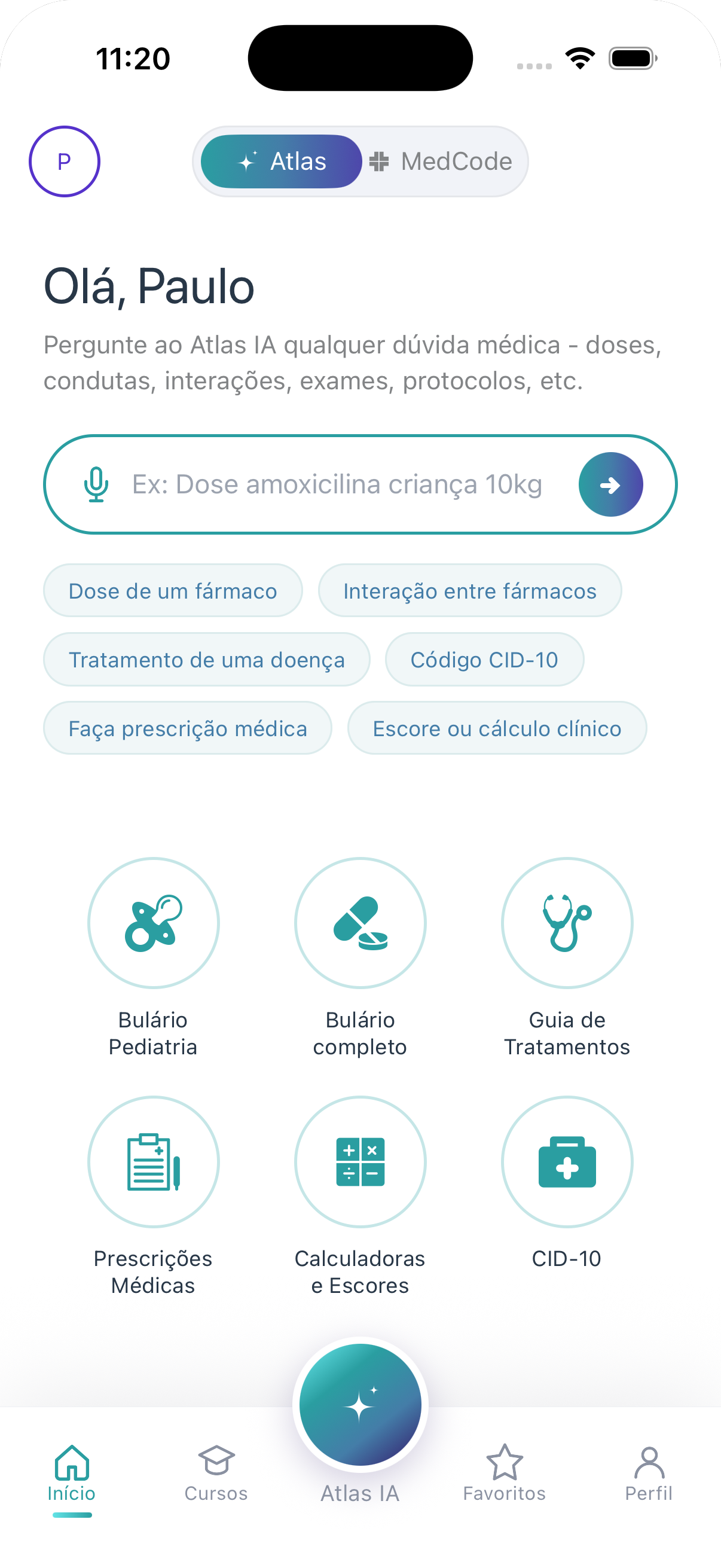 Tela inicial do Atlas 2.0 no app MedCode com sugestões de perguntas clínicas