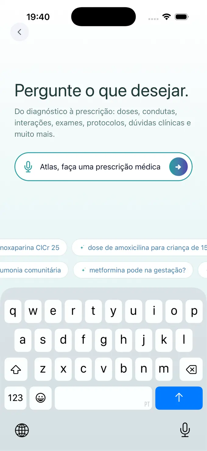 Campo de perguntas do Atlas 2.0 com sugestões de dúvidas clínicas