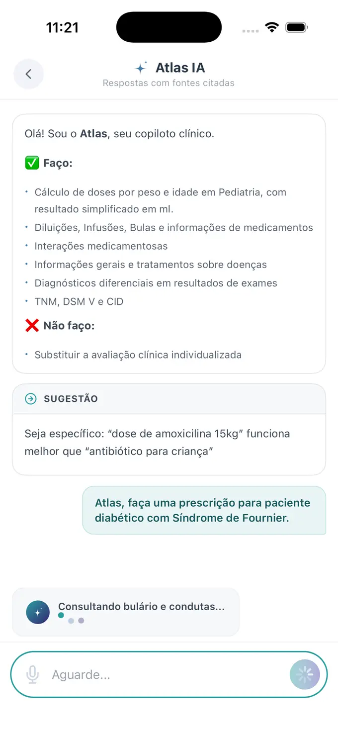 Atlas 2.0 consultando bulário e condutas antes de montar a prescrição