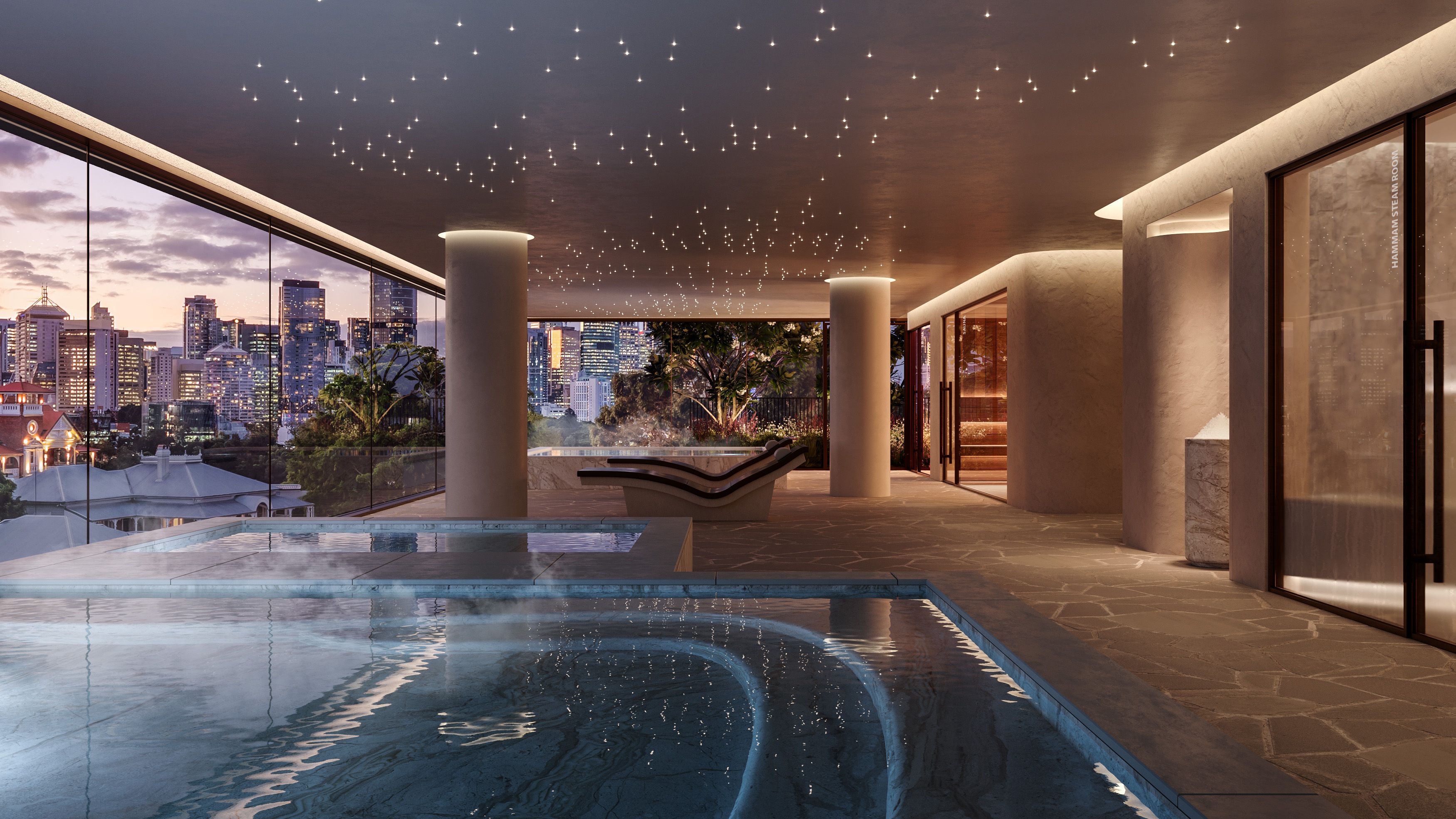 The Wellness Club, including a luxury sauna and steam room at Cliff by Aria in Brisbane, featuring stone finishes, landscaped gardens, and panoramic city views from the wellness retreat.