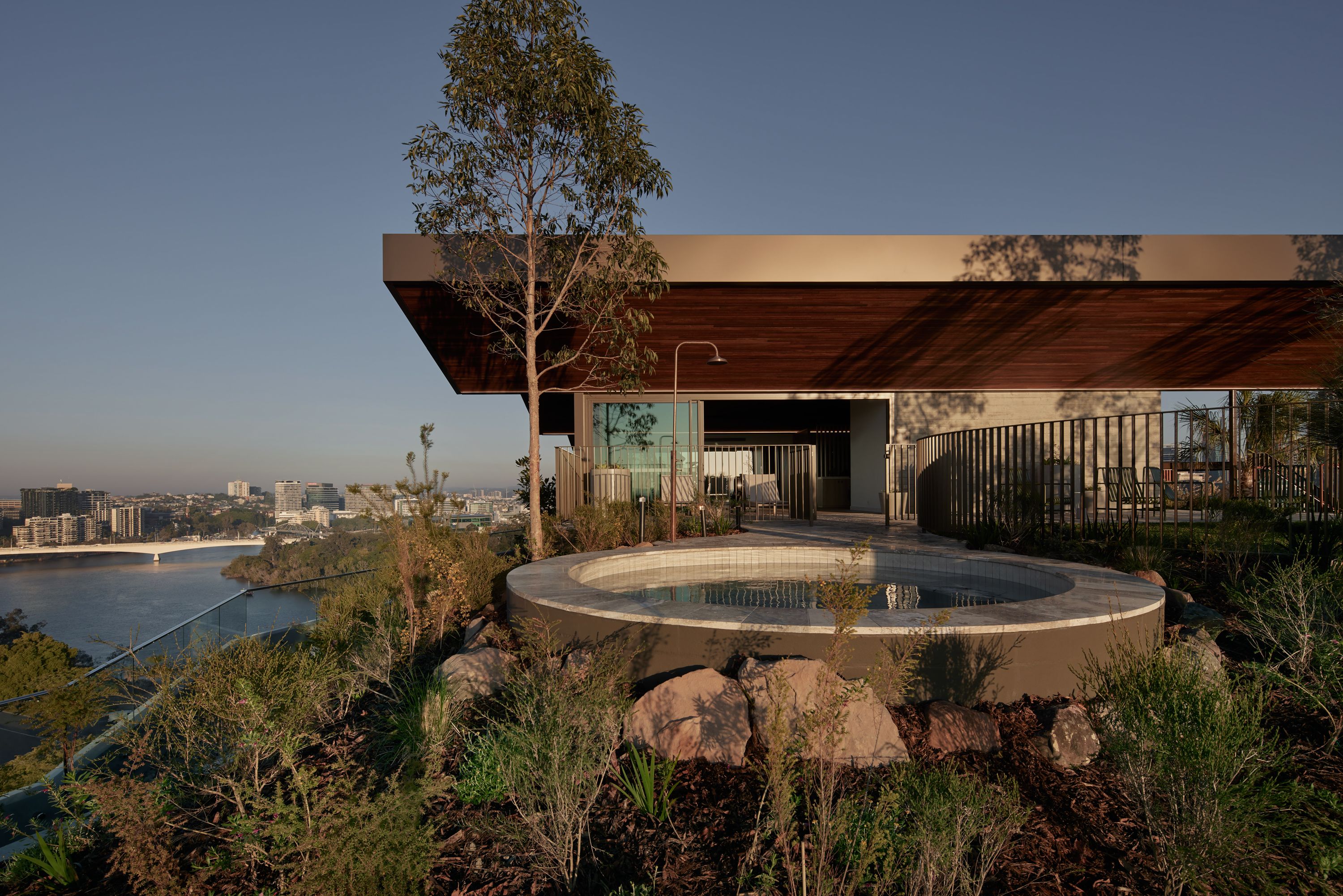 Rooftop spa and wellness retreat by Aria in Brisbane, surrounded by native landscaping and overlooking the Brisbane River.
