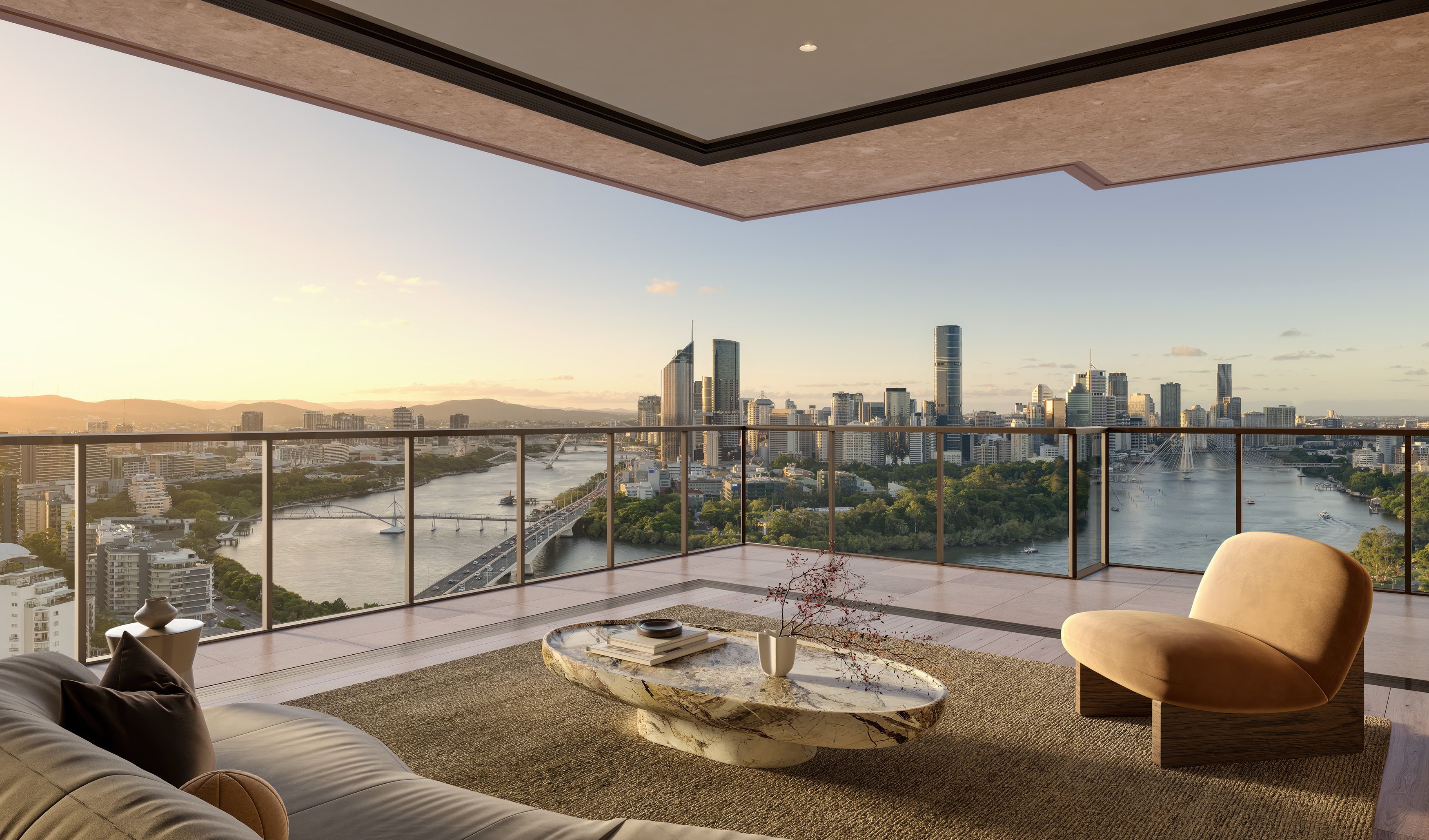 Expansive balcony at Cliff by Aria in Brisbane with panoramic views of the Brisbane River, city skyline, and mountains at sunset.
