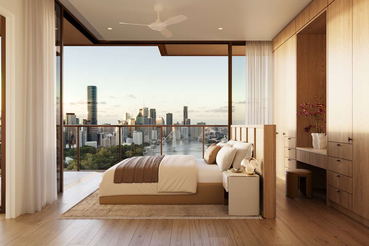 Luxury apartment master bedroom at Cliff by Aria in Brisbane with private balcony, timber finishes, and sweeping views of the Brisbane River and city skyline.