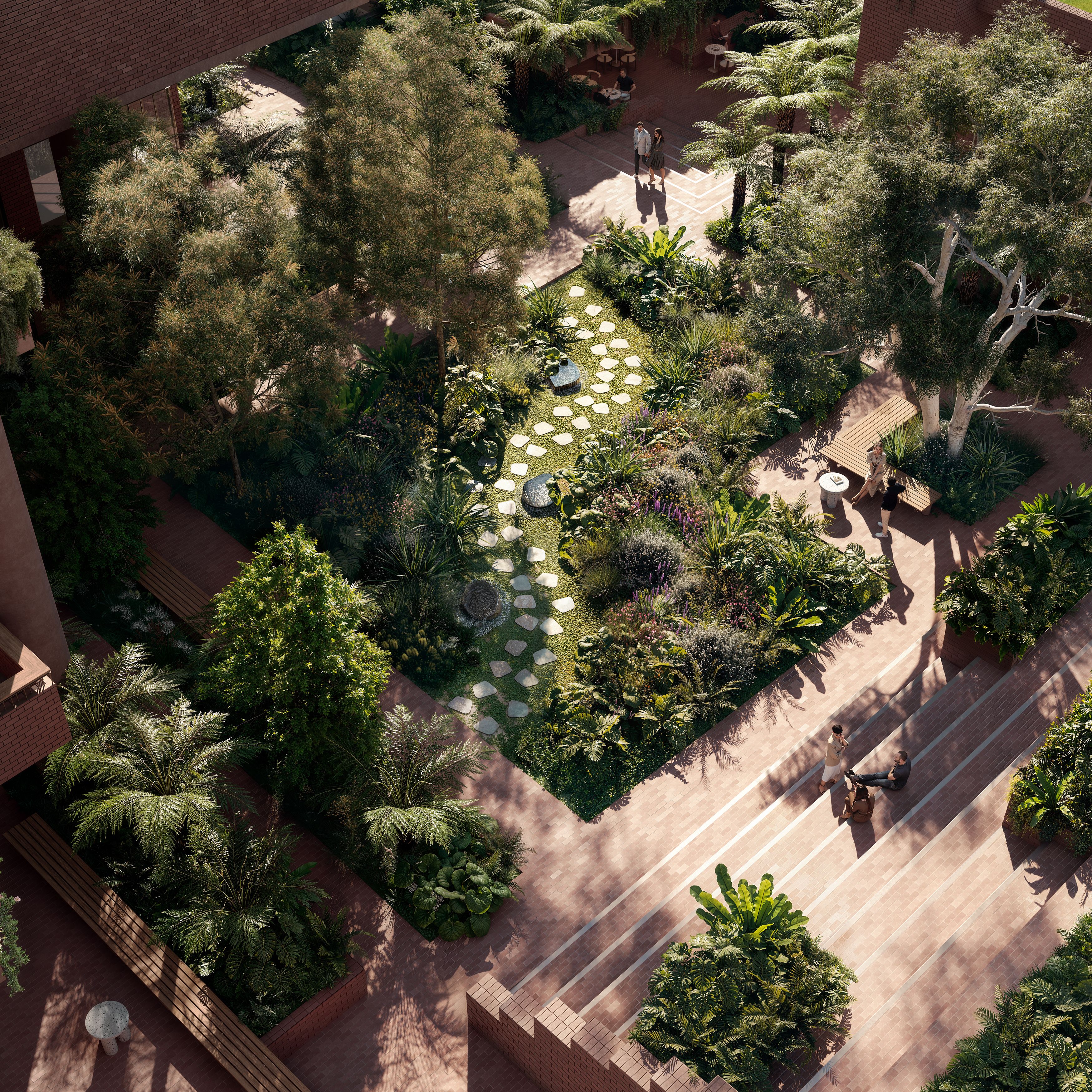 Looking down over the planted laneways and terraces of Sanctuary South Brisbane
