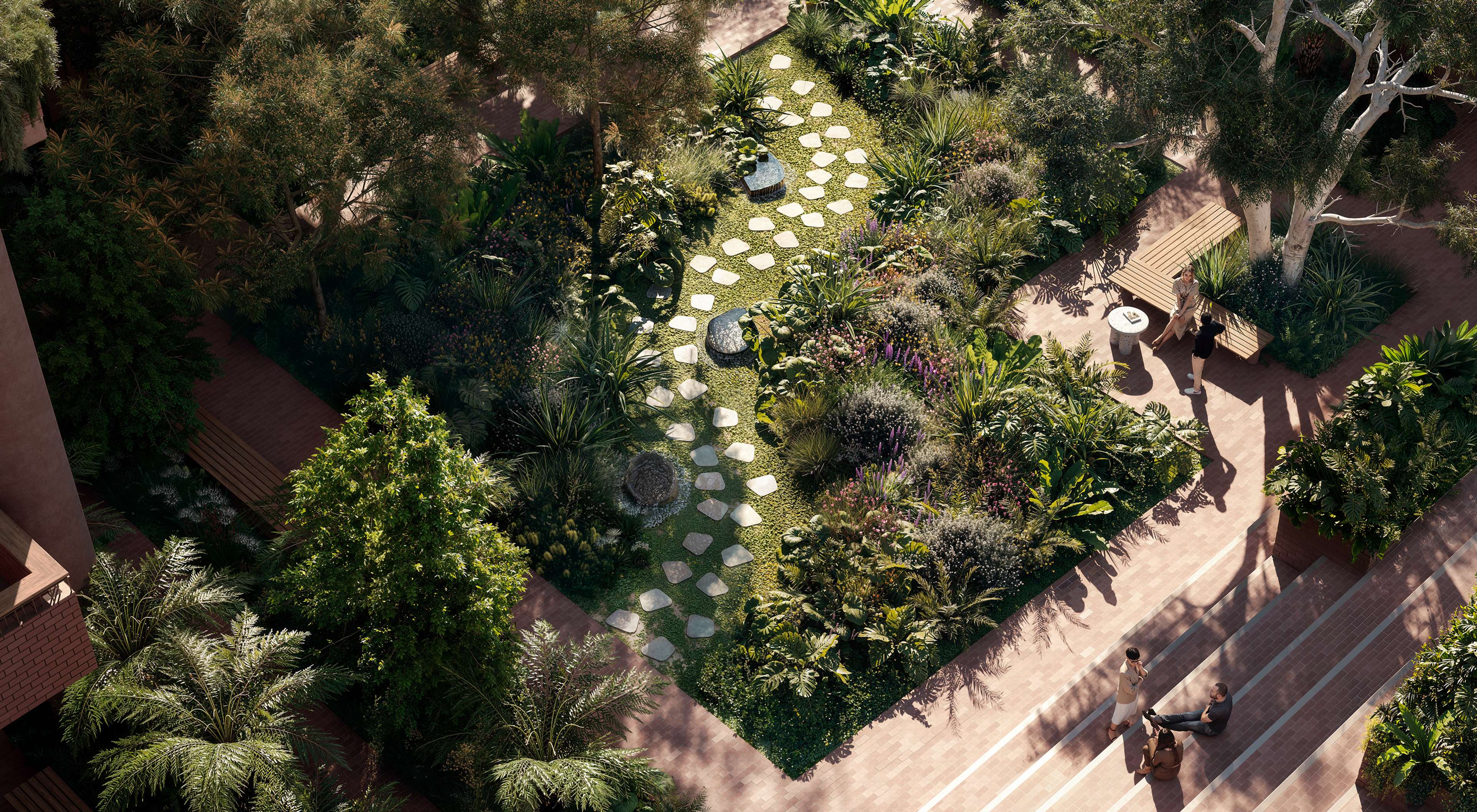 Looking down over the planted laneways and terraces of Sanctuary South Brisbane