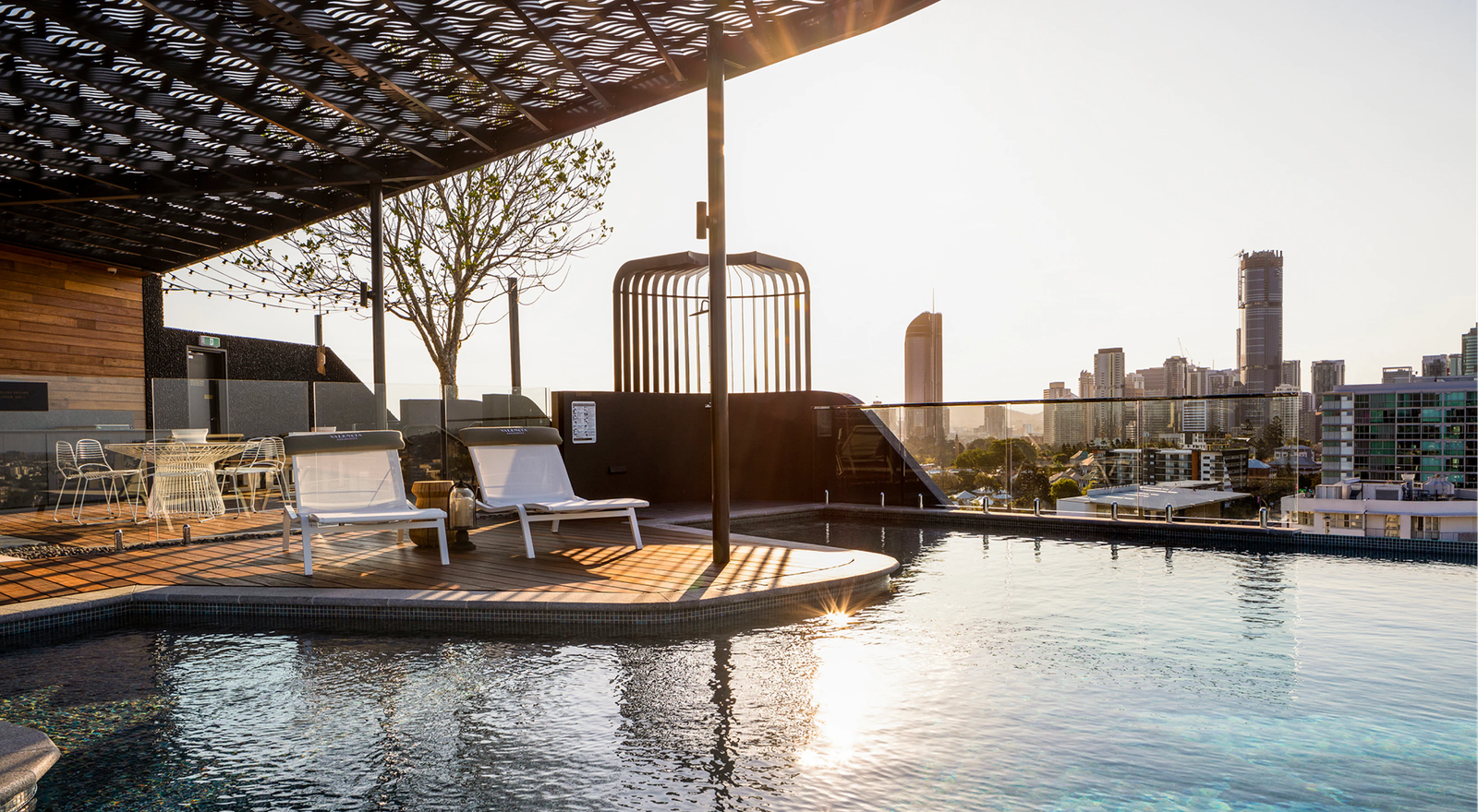 Valencia by Aria, luxury apartment development rooftop overlooking Brisbane city.