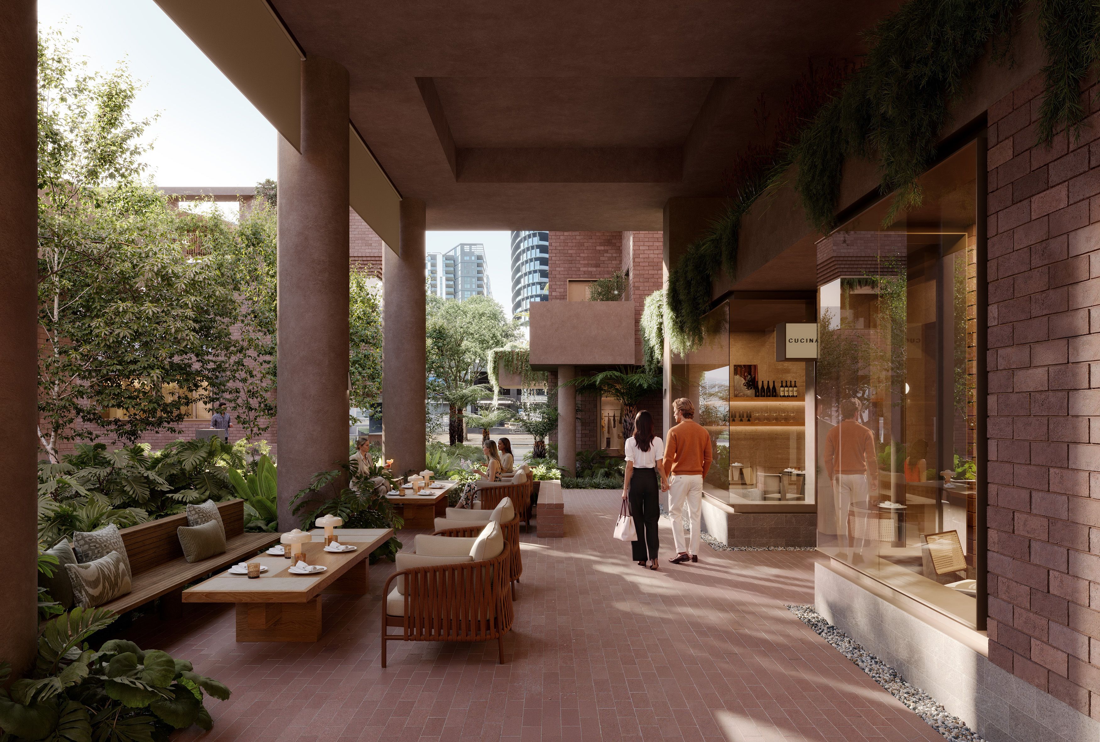 Colonnaded retail and alfresco dining at Sanctuary South Brisbane