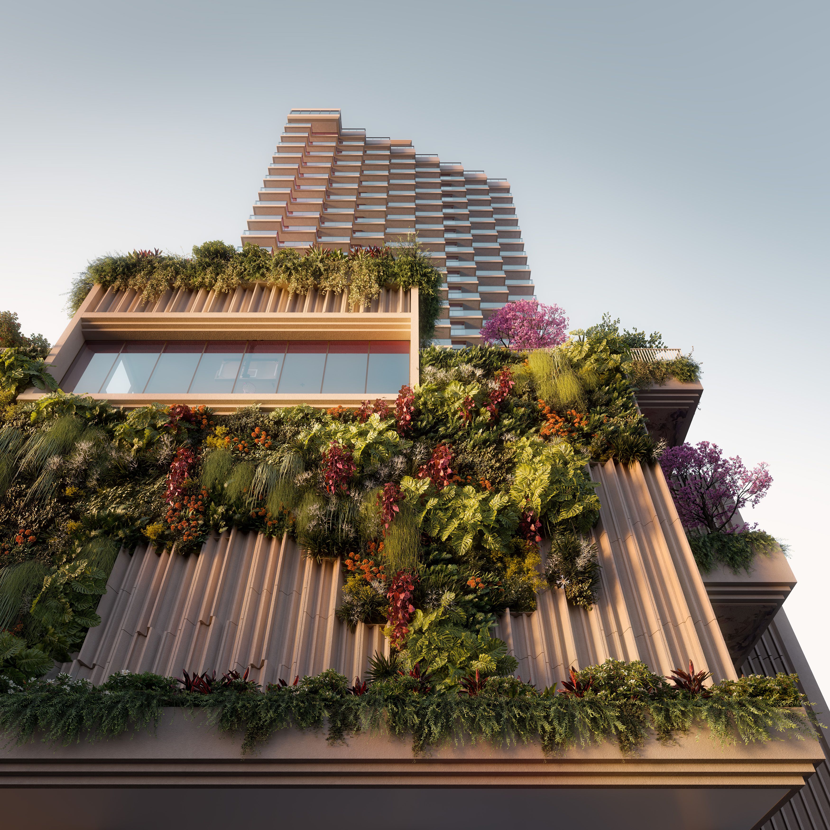 Cliff by Aria in Brisbane showcasing its lush vertical garden façade with layered greenery and vibrant landscaping.
