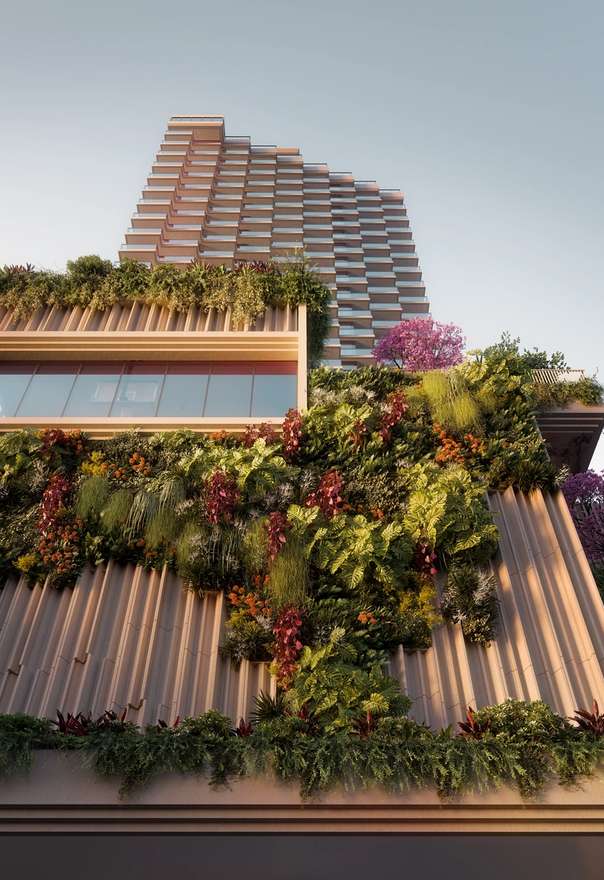 Cliff by Aria in Brisbane showcasing its lush vertical garden façade with layered greenery and vibrant landscaping.