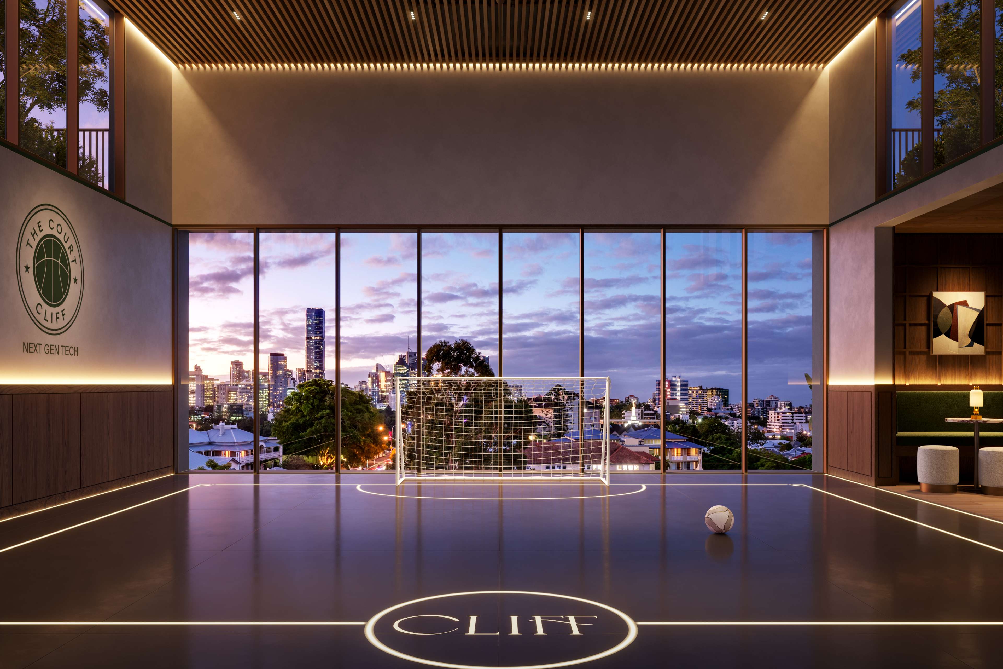The Court at Cliff by Aria in Brisbane, an elevated, professional-grade multi-sport court eight levels above the Kangaroo Point Cliffs, featuring next-gen tech, timber finishes, and views over Brisbane's city skyline.