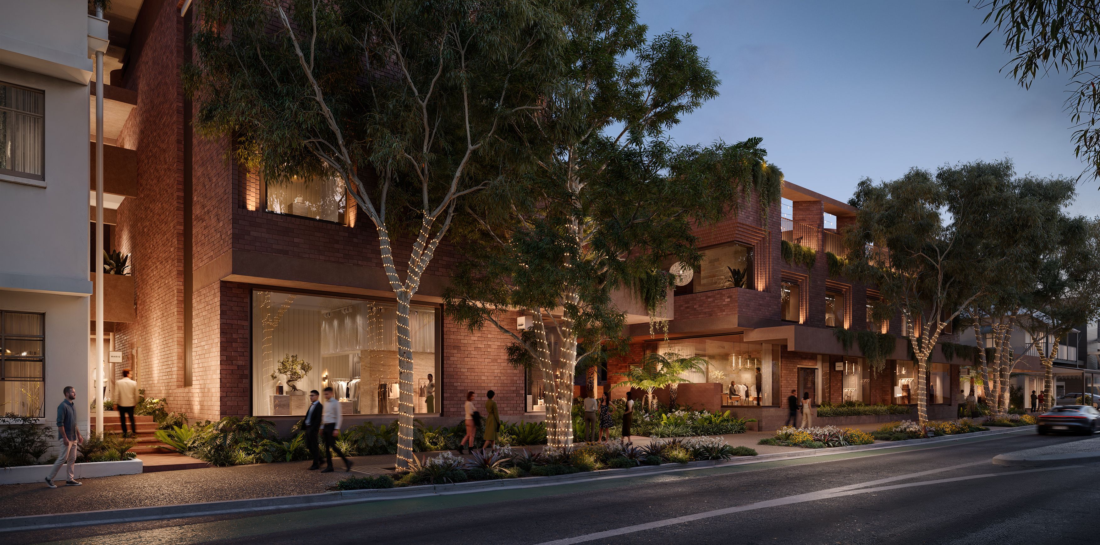 Brick retail frontages and planting along Melbourne Street, Sanctuary South Brisbane