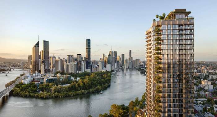 Cliff by Aria luxury apartment tower in Brisbane, overlooking the Brisbane River and city skyline at sunset.