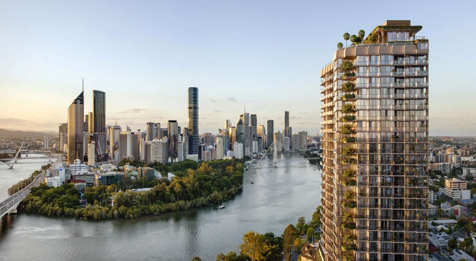 Cliff by Aria luxury apartment tower in Brisbane, overlooking the Brisbane River and city skyline at sunset.