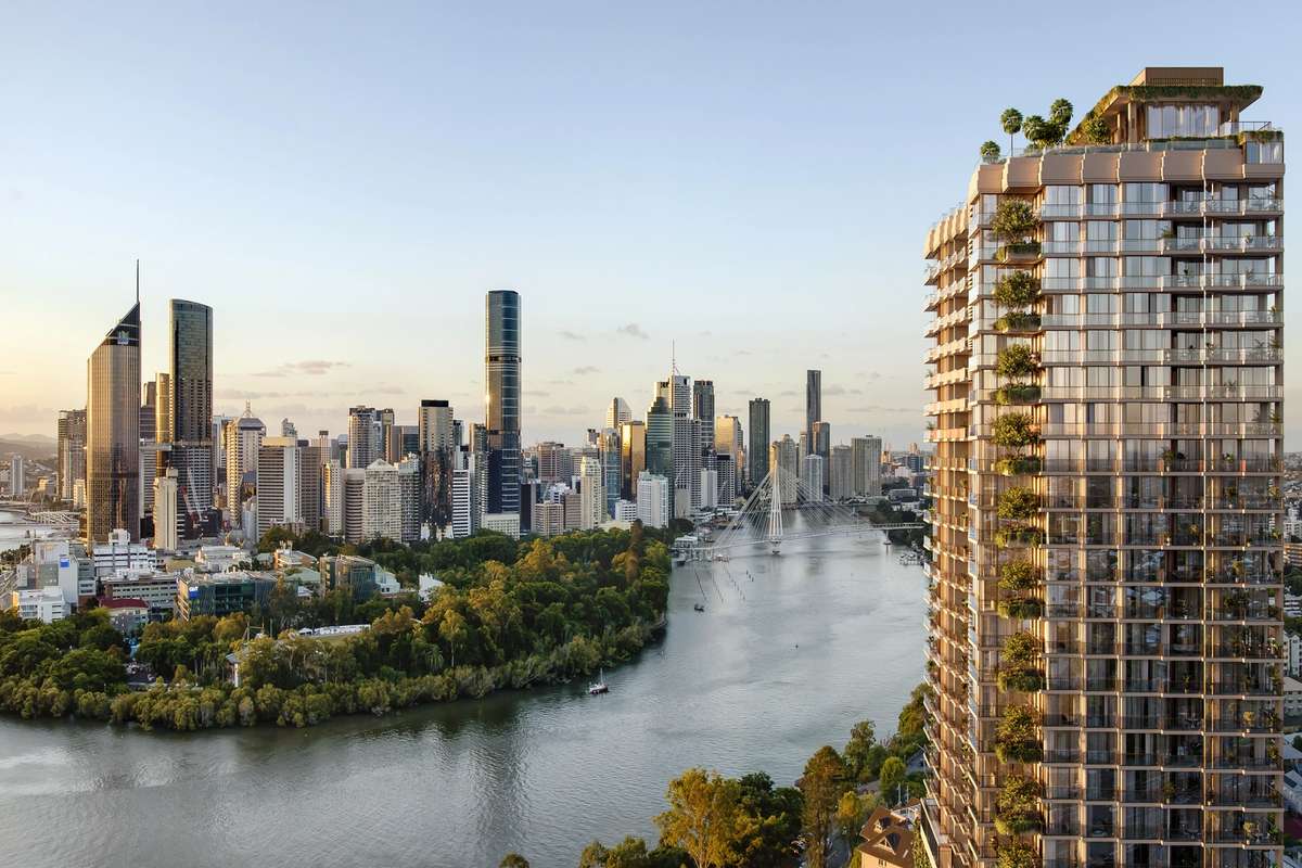 Cliff by Aria luxury apartment tower in Brisbane, overlooking the Brisbane River and city skyline at sunset.