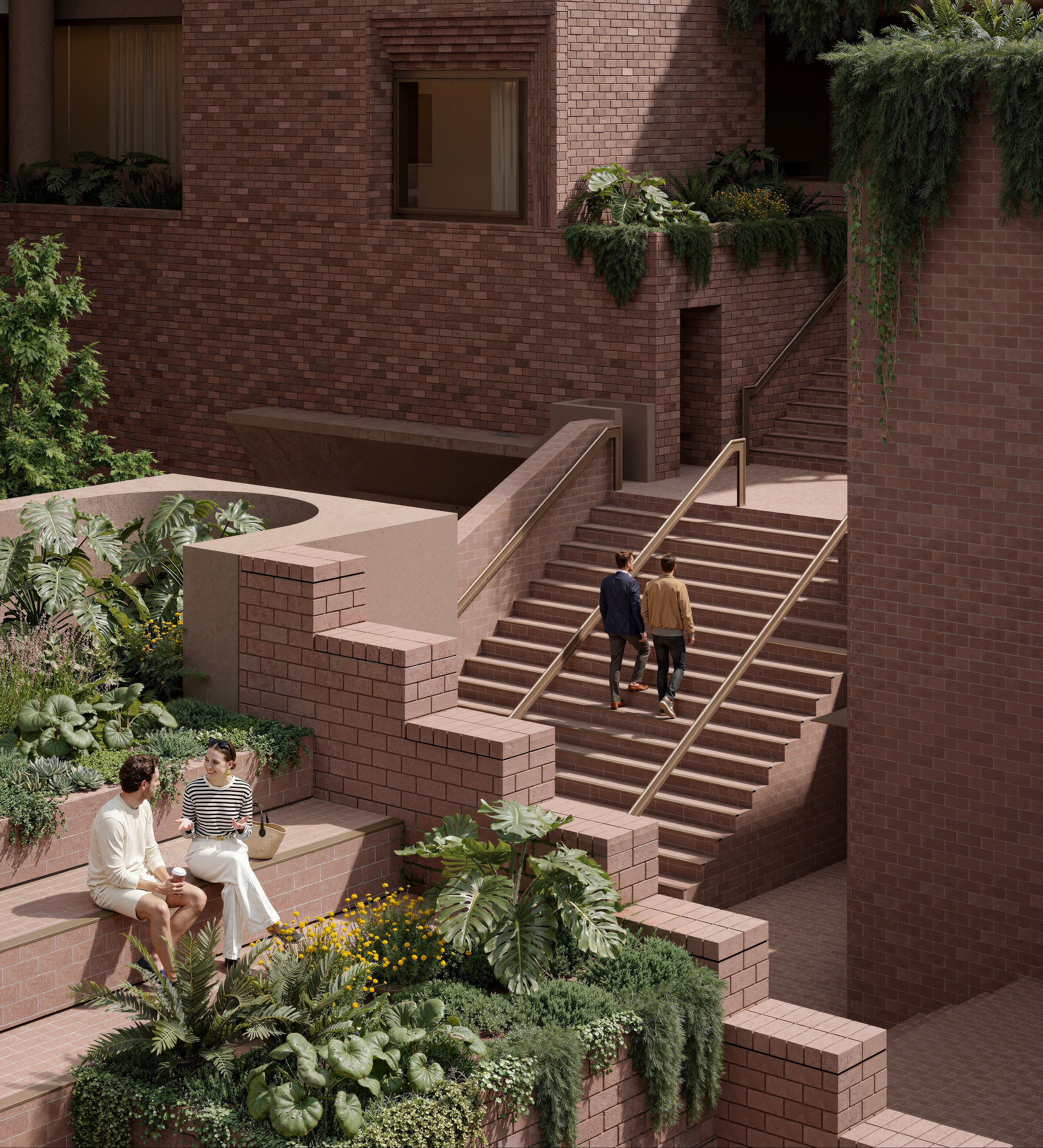 Brick laneway steps and garden seating, Sanctuary South Brisbane