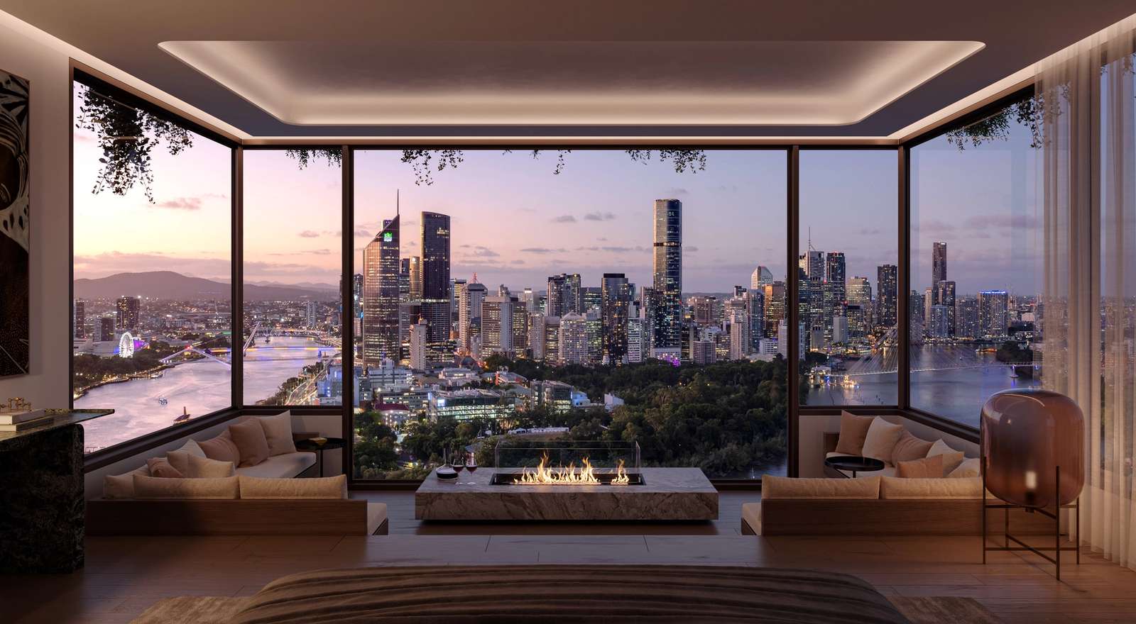 Residents lounge with sunken lounge at Cliff by Aria in Brisbane, featuring floor-to-ceiling windows with panoramic views of the Brisbane River and city skyline.