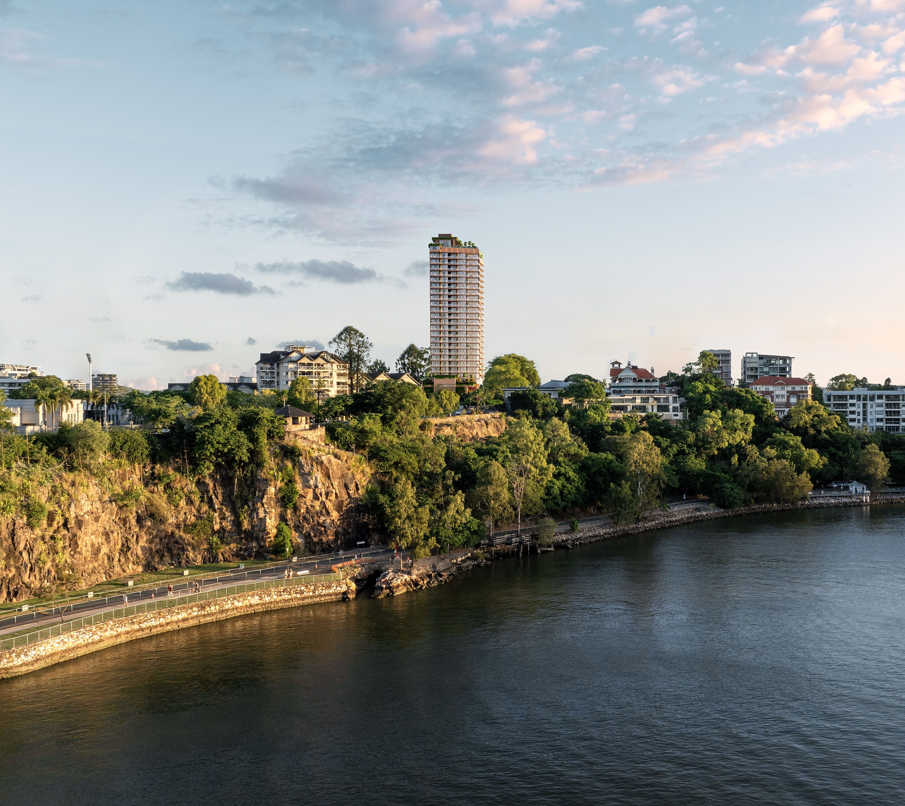 Cliff by Aria luxury riverside apartments in Kangaroo Point, with panoramic views of the Brisbane River and city skyline.