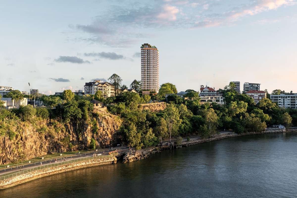 Cliff by Aria luxury riverside apartments in Kangaroo Point, with panoramic views of the Brisbane River and city skyline.