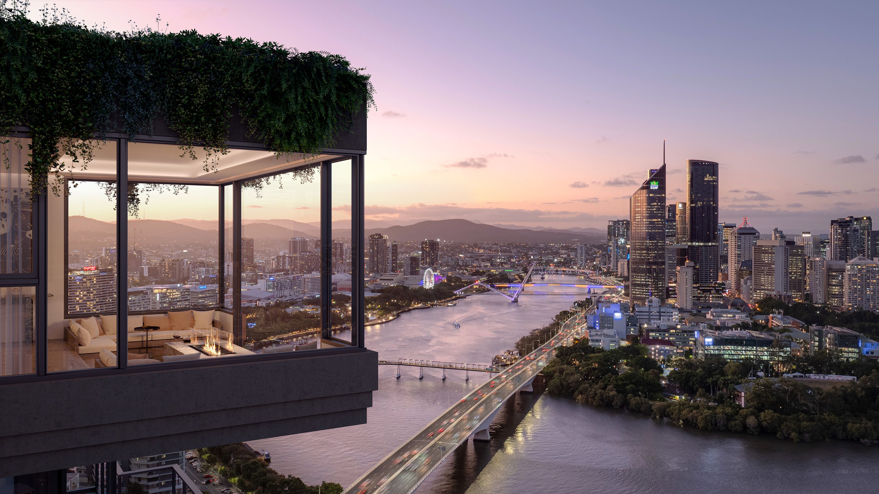 Residents lounge at Cliff by Aria in Brisbane with corner windows, lush greenery, and uninterrupted views over the Brisbane River and city skyline at dusk.